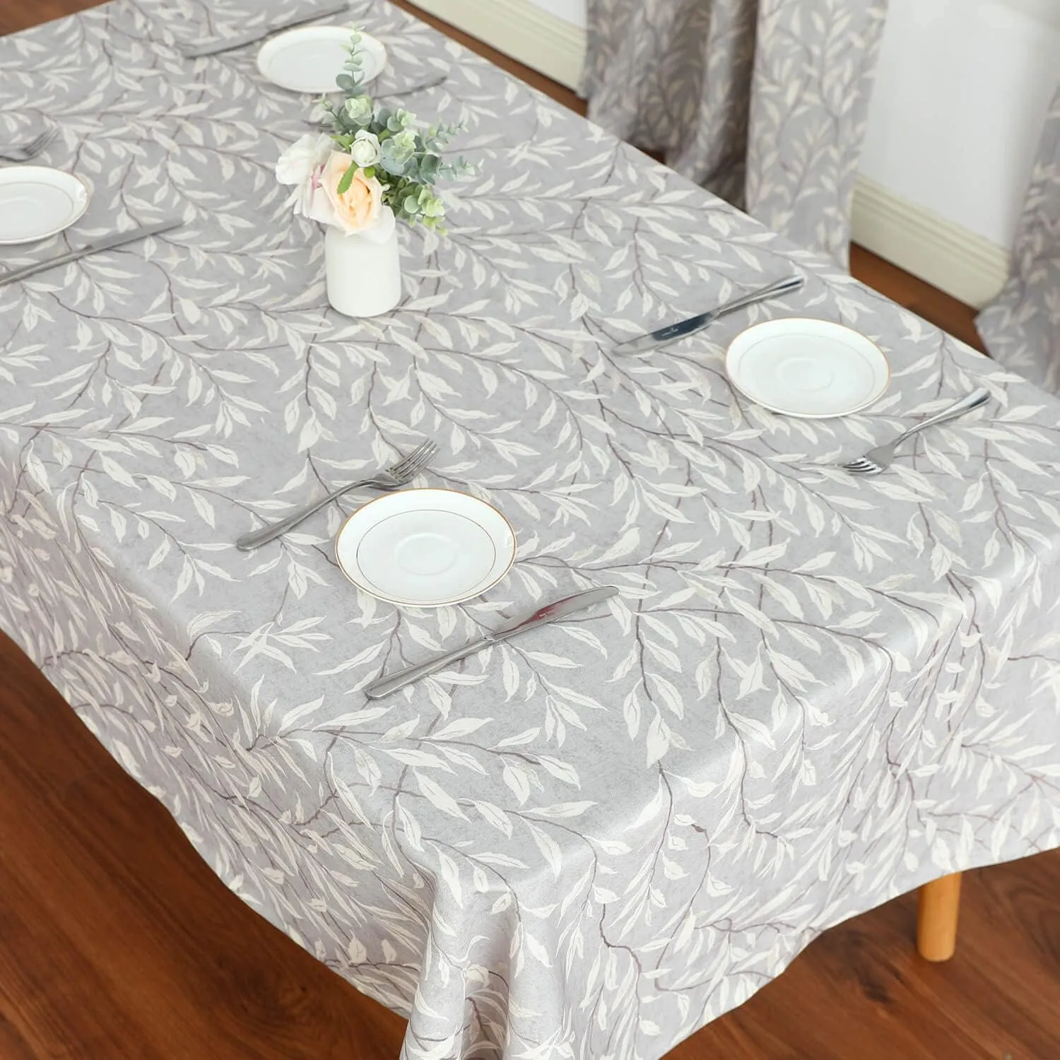 VOGOL Faux Linen Rectangle Tablecloth, Washable Wrinkle Free Farmhouse Table Cloth, Leaves Printed Table Cover for Kitchen Dining Party, 52 x 102, Grey