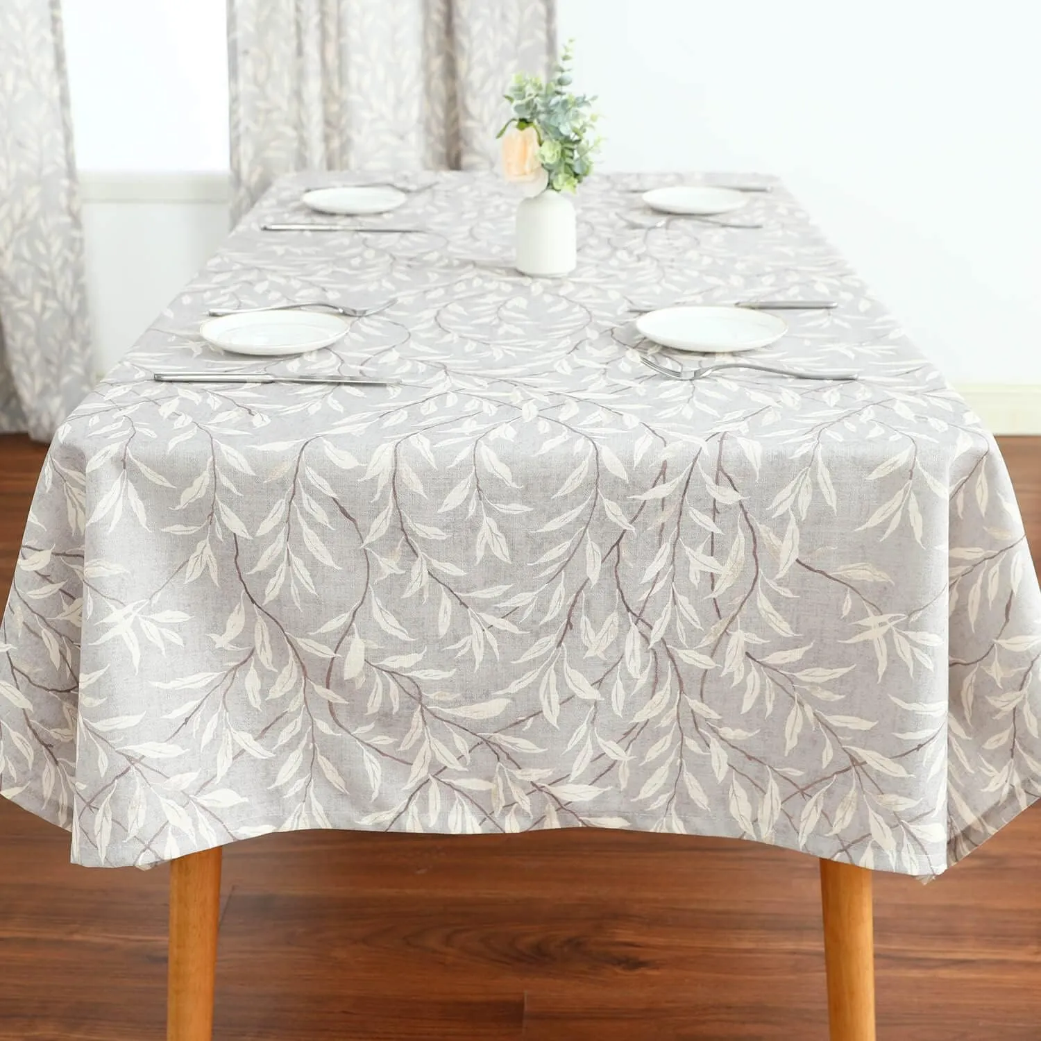 VOGOL Faux Linen Rectangle Tablecloth, Washable Wrinkle Free Farmhouse Table Cloth, Leaves Printed Table Cover for Kitchen Dining Party, 52 x 102, Grey