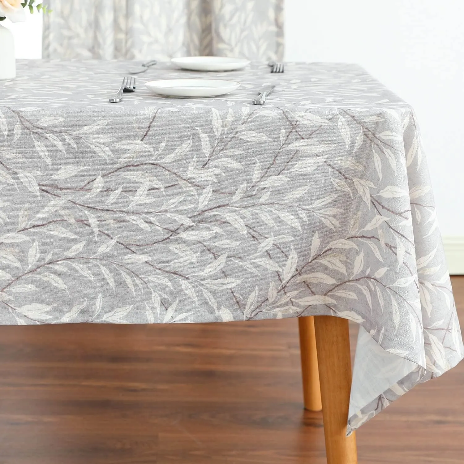 VOGOL Faux Linen Rectangle Tablecloth, Washable Wrinkle Free Farmhouse Table Cloth, Leaves Printed Table Cover for Kitchen Dining Party, 52 x 102, Grey