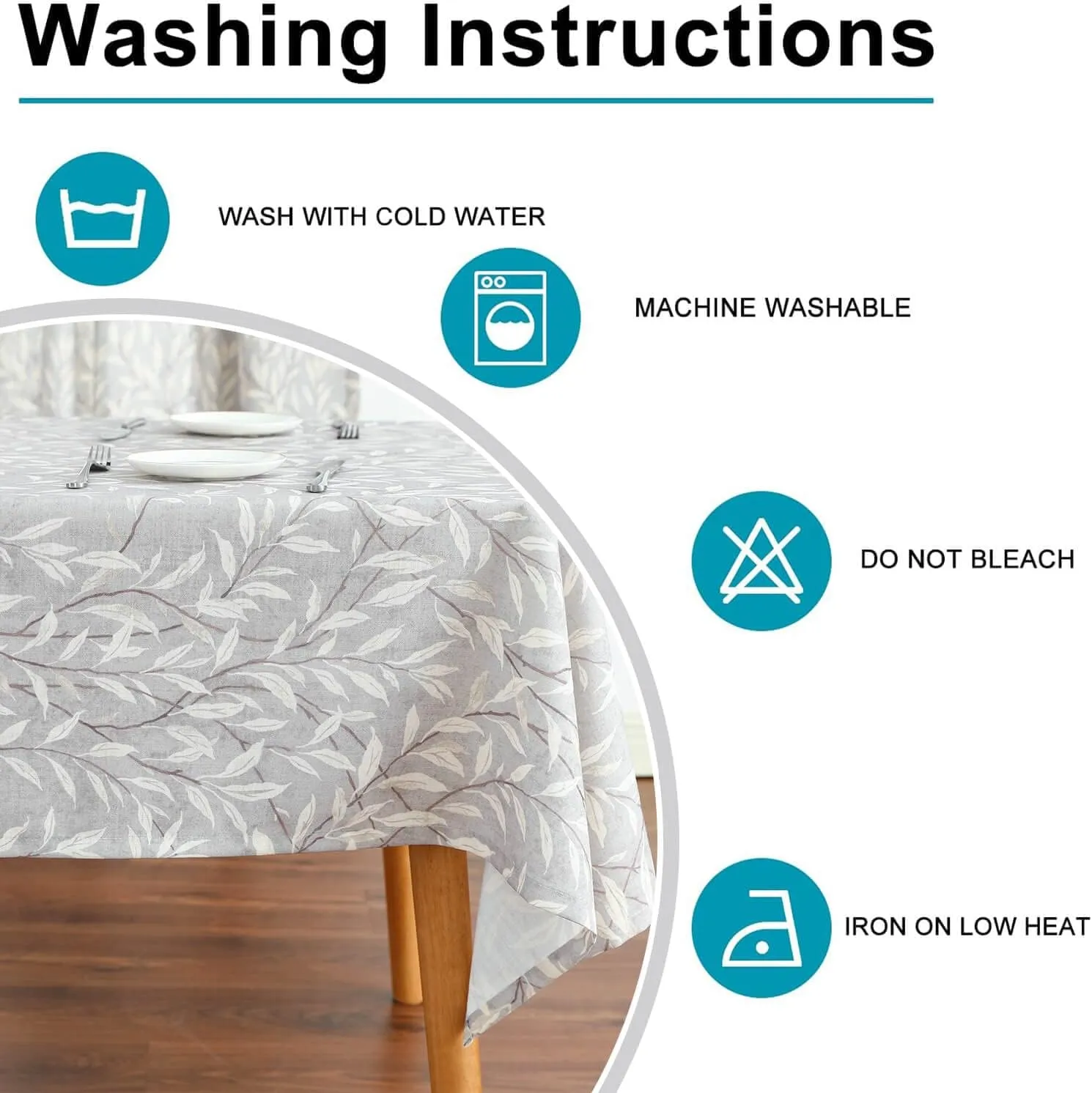 VOGOL Faux Linen Rectangle Tablecloth, Washable Wrinkle Free Farmhouse Table Cloth, Leaves Printed Table Cover for Kitchen Dining Party, 52 x 102, Grey