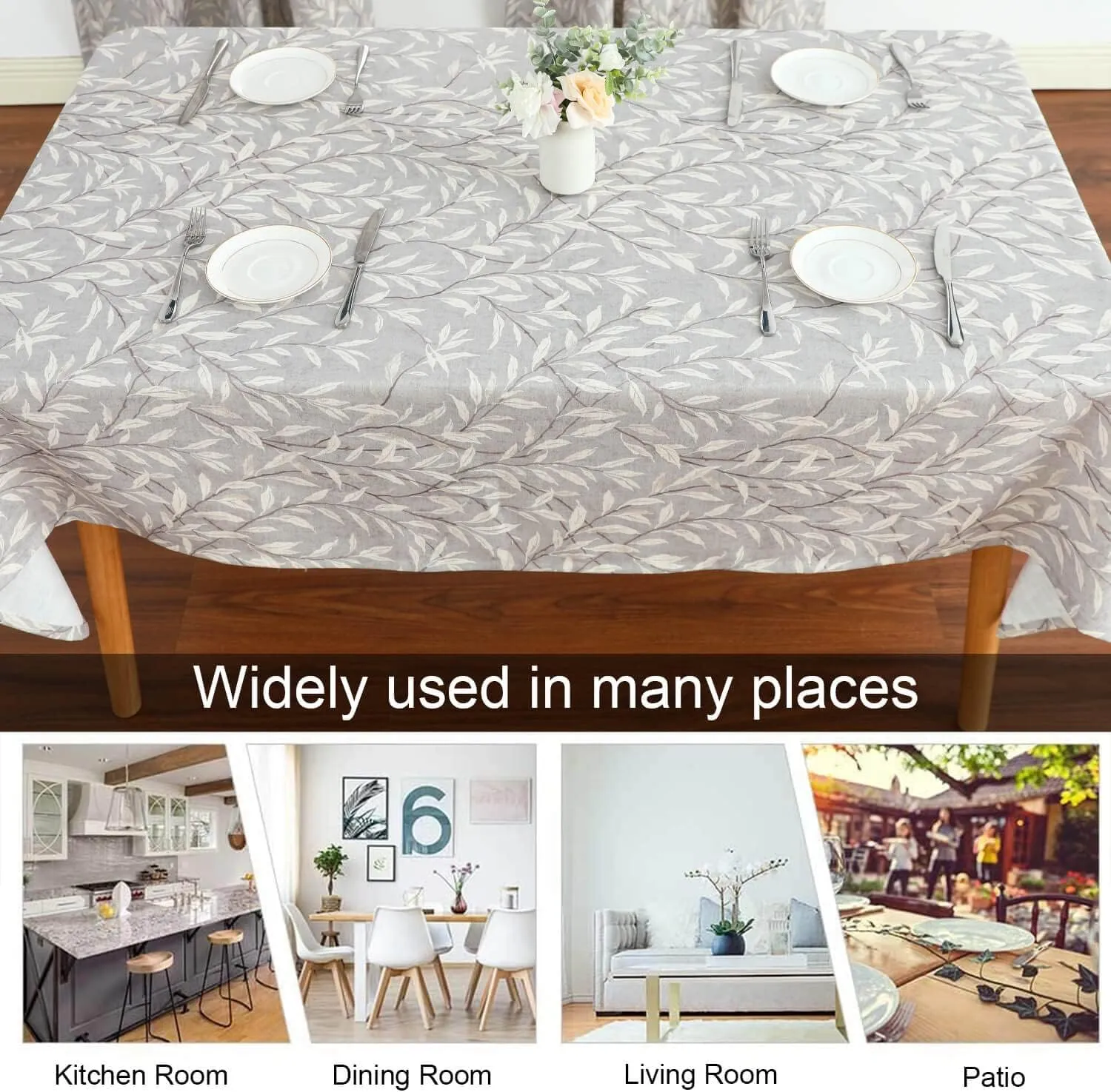 VOGOL Faux Linen Rectangle Tablecloth, Washable Wrinkle Free Farmhouse Table Cloth, Leaves Printed Table Cover for Kitchen Dining Party, 52 x 102, Grey