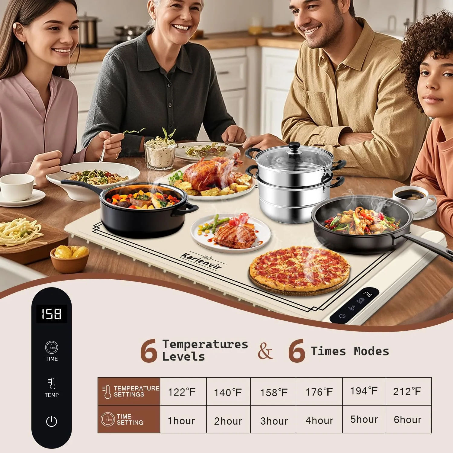 Warming Mat for Food 500W, Upgrade High-tech Graphene Food Warming Mat, Silicone Warming Tray, Heating Fastly in 10s, 7MM Raised Feet, 6 Level Temp & 6 Timer Setting, Warming Tray Rollable, Beige