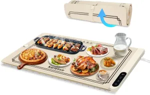 Warming Mat for Food 500W, Upgrade High-tech Graphene Food Warming Mat, Silicone Warming Tray, Heating Fastly in 10s, 7MM Raised Feet, 6 Level Temp & 6 Timer Setting, Warming Tray Rollable, Beige