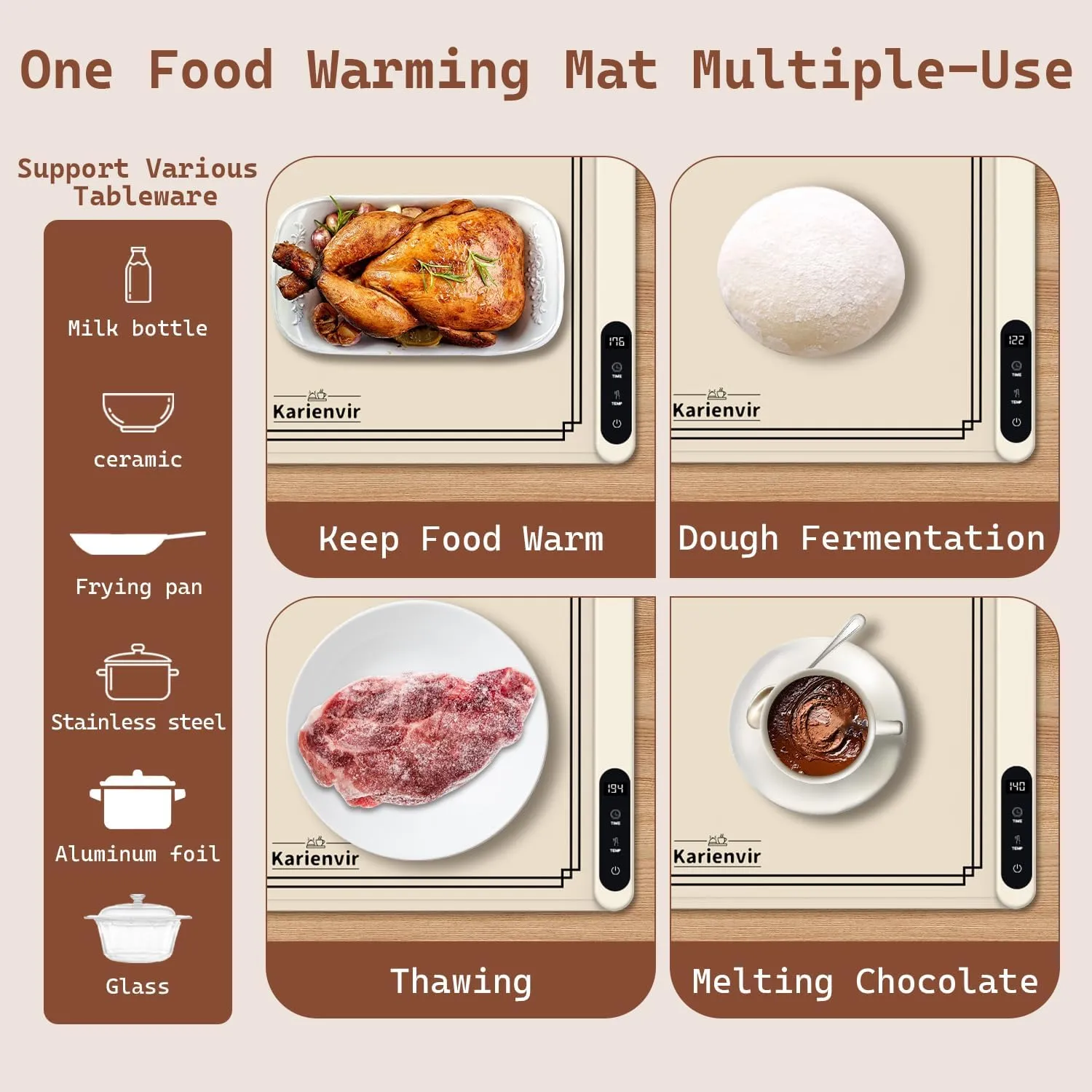 Warming Mat for Food 500W, Upgrade High-tech Graphene Food Warming Mat, Silicone Warming Tray, Heating Fastly in 10s, 7MM Raised Feet, 6 Level Temp & 6 Timer Setting, Warming Tray Rollable, Beige