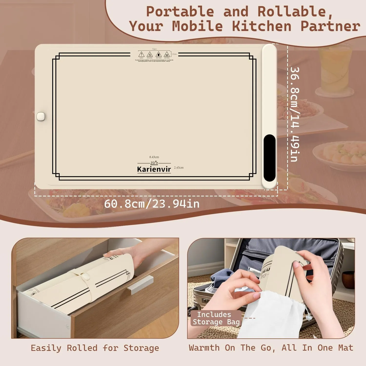 Warming Mat for Food 500W, Upgrade High-tech Graphene Food Warming Mat, Silicone Warming Tray, Heating Fastly in 10s, 7MM Raised Feet, 6 Level Temp & 6 Timer Setting, Warming Tray Rollable, Beige
