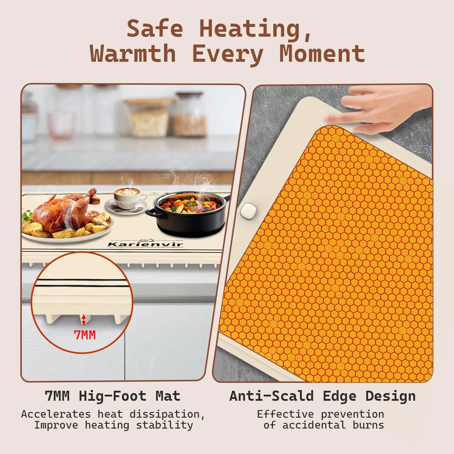 Warming Mat for Food 500W, Upgrade High-tech Graphene Food Warming Mat, Silicone Warming Tray, Heating Fastly in 10s, 7MM Raised Feet, 6 Level Temp & 6 Timer Setting, Warming Tray Rollable, Beige