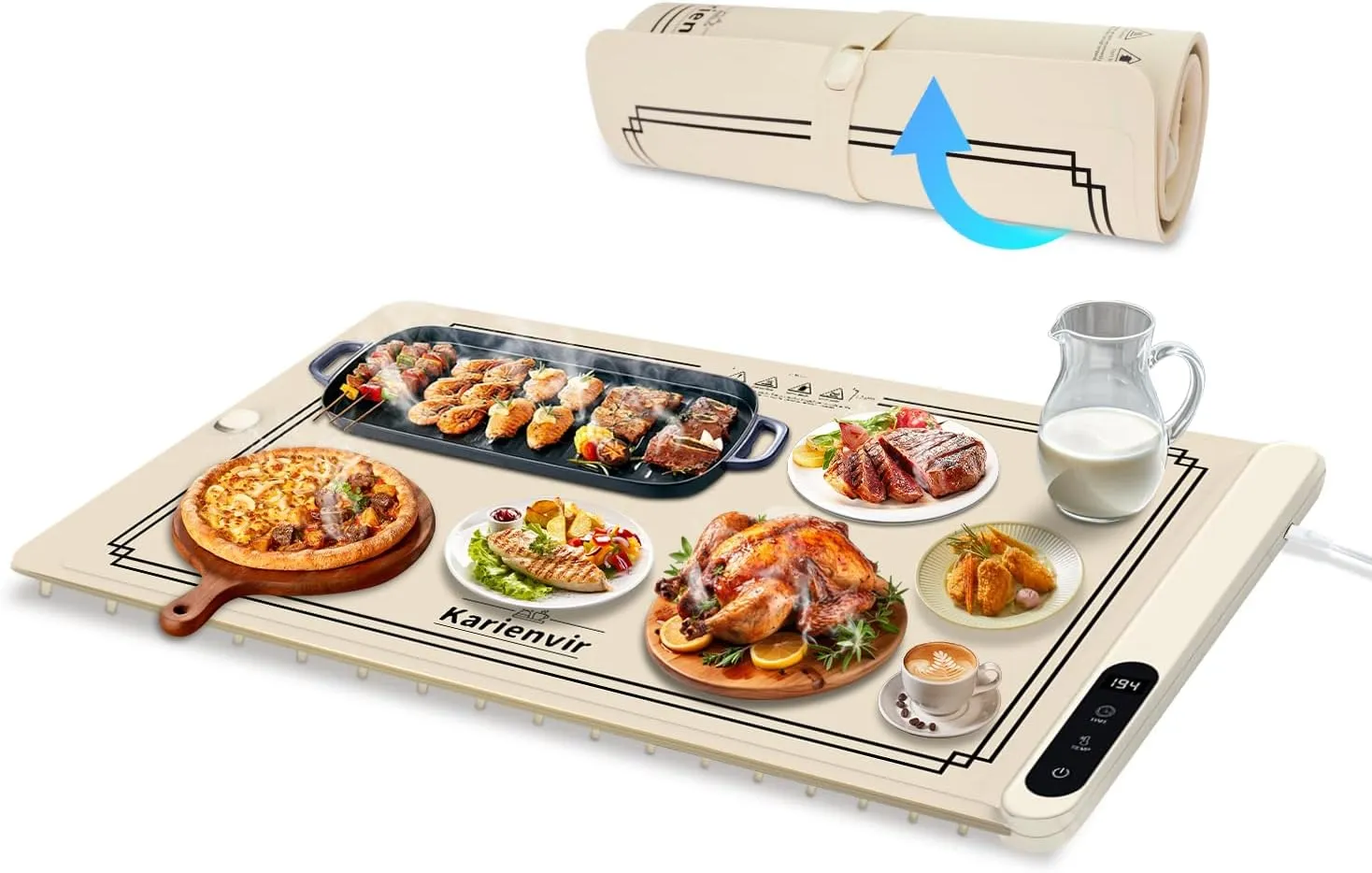 Warming Mat for Food 500W, Upgrade High-tech Graphene Food Warming Mat, Silicone Warming Tray, Heating Fastly in 10s, 7MM Raised Feet, 6 Level Temp & 6 Timer Setting, Warming Tray Rollable, Beige