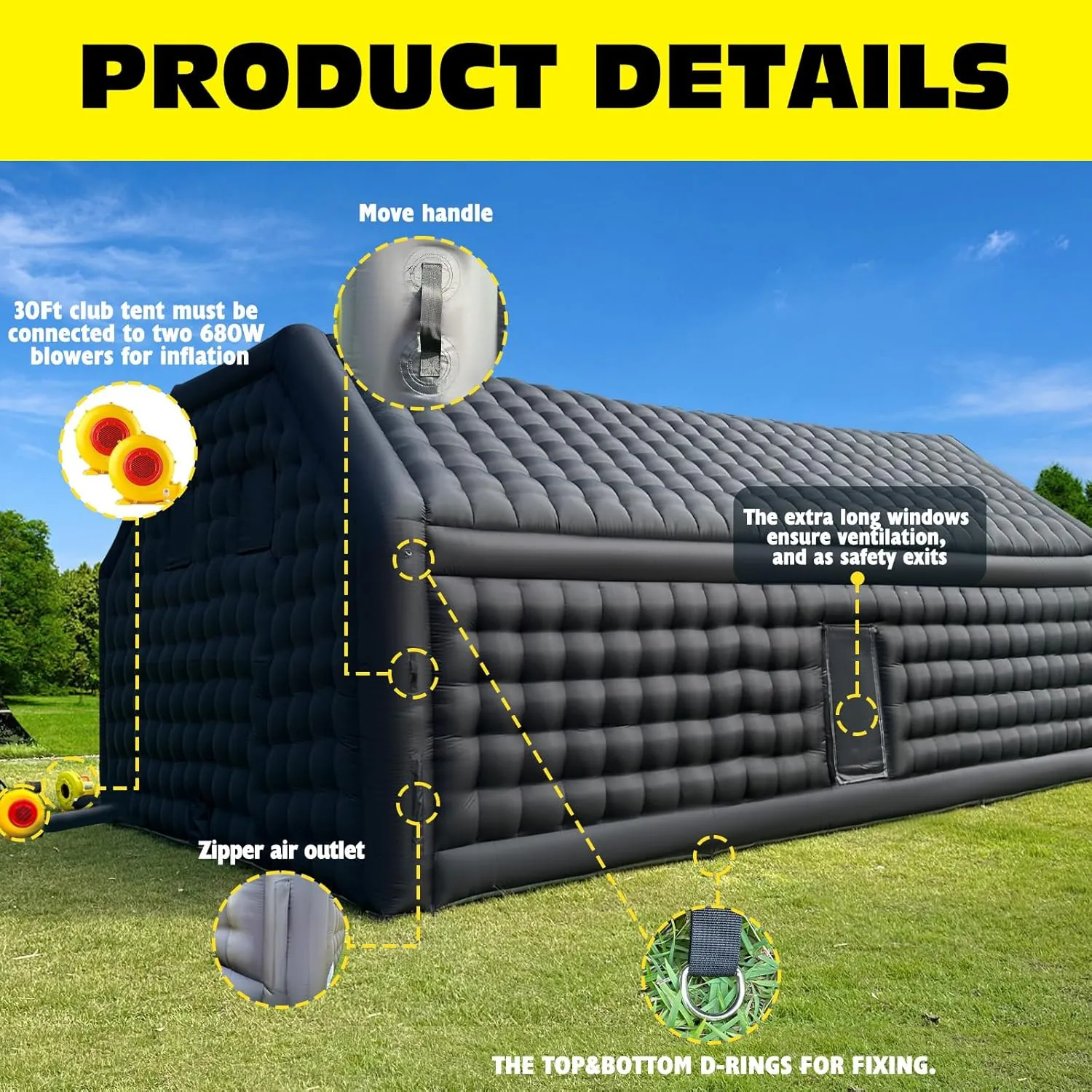 WARSUN 30x20x13Ft Inflatable Nightclub with 2 Side Doors and Blowers Large Black Inflatable Night Club Party Tent Cube Gazebo Event House for Birthday Wedding Raves Dance Floor Yard Party