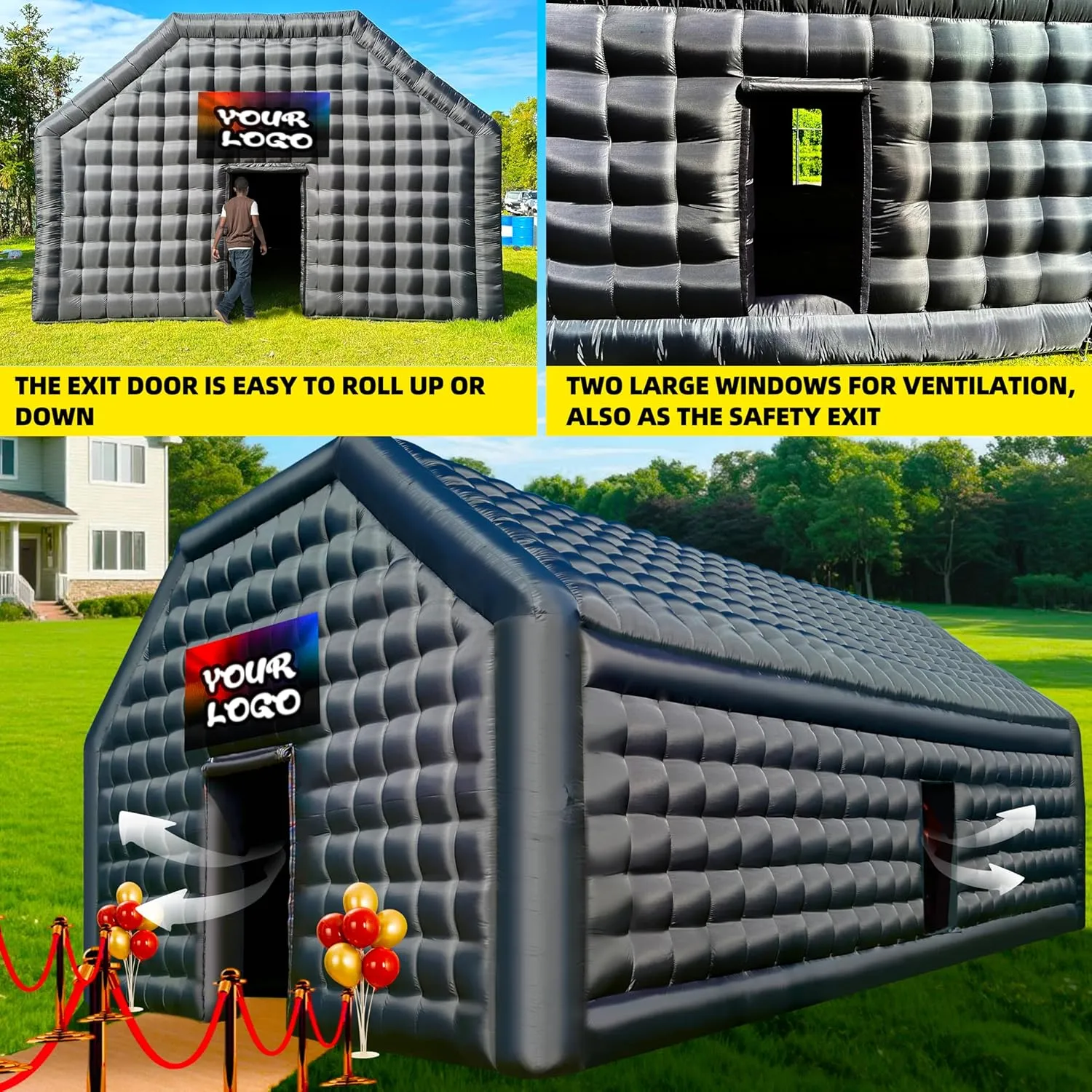 WARSUN 30x20x13Ft Inflatable Nightclub with 2 Side Doors and Blowers Large Black Inflatable Night Club Party Tent Cube Gazebo Event House for Birthday Wedding Raves Dance Floor Yard Party