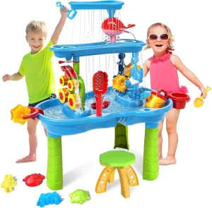 Water Table for Toddlers 3-5 | 3-Tier Kids Water Table Toys, Rain Showers Splash Pond for Outdoor Beach Backyard Summer, Outdoors Play Sensory Play Table Pond for Boys Girls