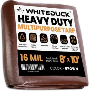 WHITEDUCK 8' x 10' Super Heavy Duty Poly Tarp Thick 16 Mil, Waterproof 100% UV Resistant Rip/Tear Proof Tarp w/Rustproof Grommets & Reinforced Edges (Finished Size: 7'6"x9'6")