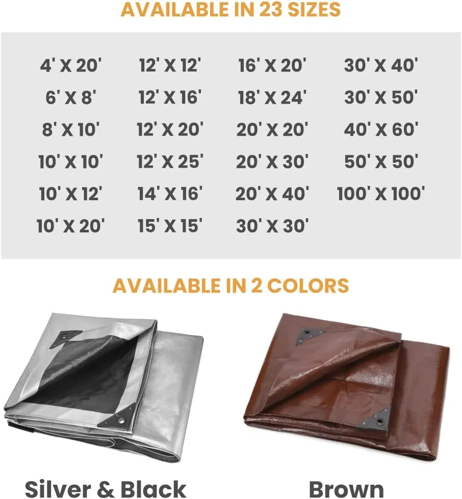 WHITEDUCK 8' x 10' Super Heavy Duty Poly Tarp Thick 16 Mil, Waterproof 100% UV Resistant Rip/Tear Proof Tarp w/Rustproof Grommets & Reinforced Edges (Finished Size: 7'6"x9'6")