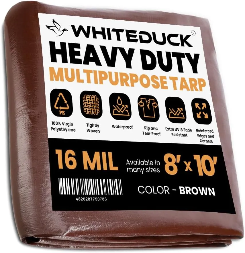 WHITEDUCK 8' x 10' Super Heavy Duty Poly Tarp Thick 16 Mil, Waterproof 100% UV Resistant Rip/Tear Proof Tarp w/Rustproof Grommets & Reinforced Edges (Finished Size: 7'6"x9'6")