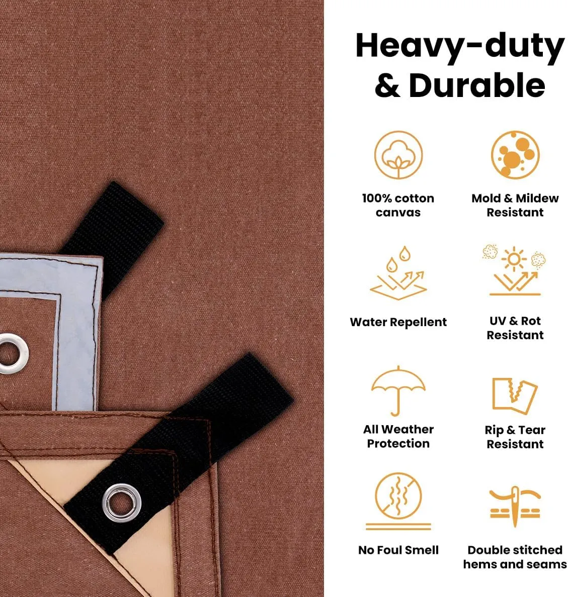 WHITEDUCK Canvas Tarp 18 oz. Heavy Duty Waterproof UV Resistant, Rustproof Grommets, Industrial & Commercial Use Cloth Tarp (Cut Size: 7'x9', Finished Size: 66" x86, Brown)