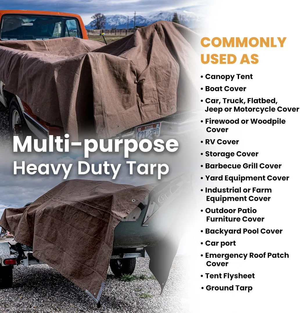 WHITEDUCK Canvas Tarp 18 oz. Heavy Duty Waterproof UV Resistant, Rustproof Grommets, Industrial & Commercial Use Cloth Tarp (Cut Size: 7'x9', Finished Size: 66" x86, Brown)