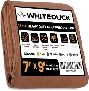WHITEDUCK Canvas Tarp 18 oz. Heavy Duty Waterproof UV Resistant, Rustproof Grommets, Industrial & Commercial Use Cloth Tarp (Cut Size: 7'x9', Finished Size: 66" x86, Brown)