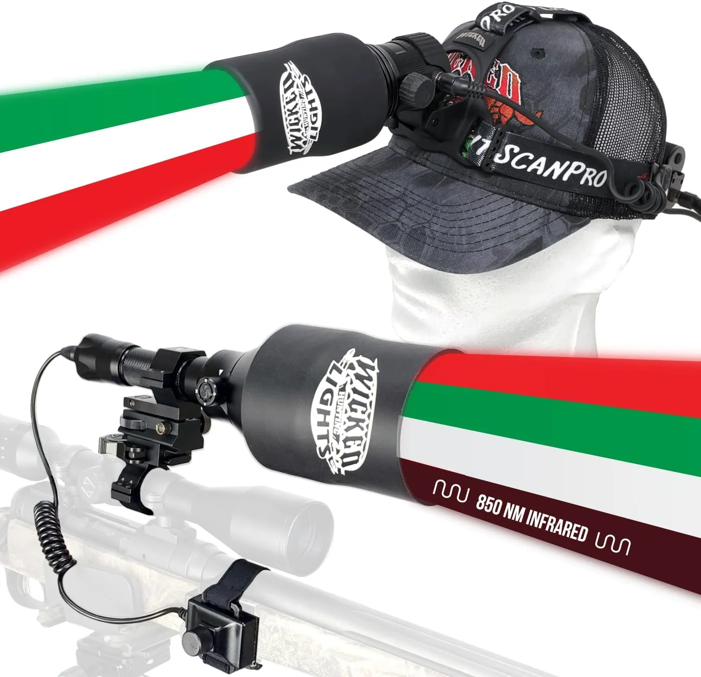 Wicked Lights A75iC 4-Color-in-1 & ScanPro iC GEN4 3-Color-in-1 Night Hunting Light and Headlamp Combo Pack W2106