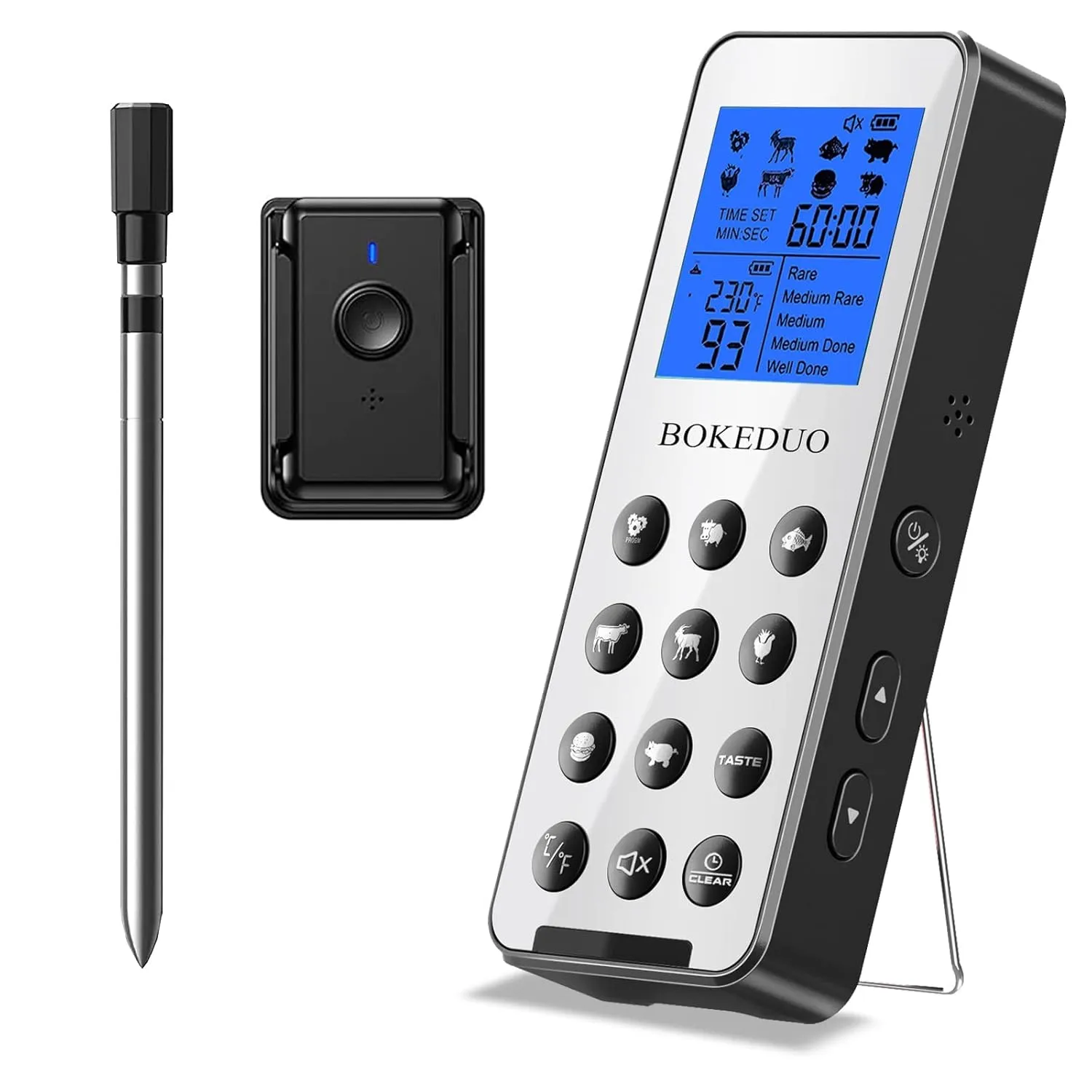 Wireless Meat Thermometer,BOKEDUO Digital Food Meat Thermometer for Cooking,Oven,Grill - 300ft Remote Wireless BBQ Meat Ip67 Waterproof Probe