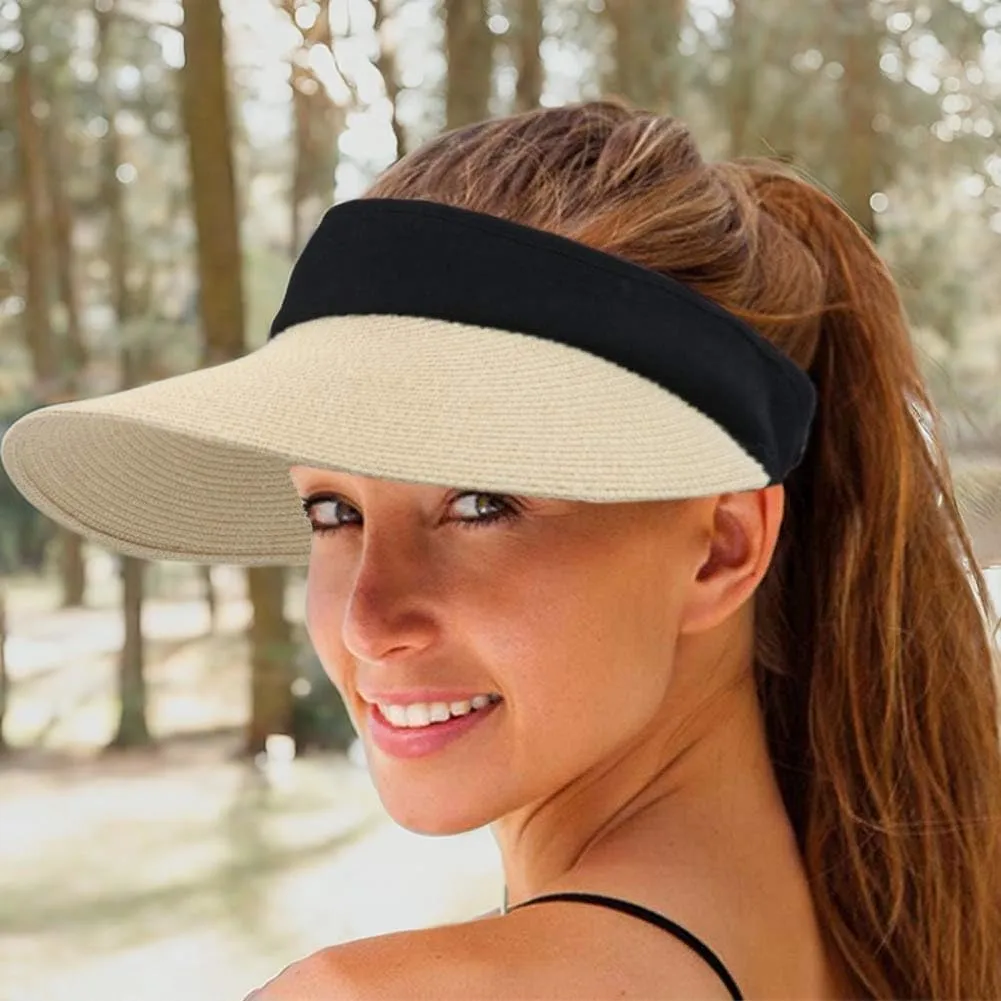 Women Straw Sun Visor Hat Wide Brim Summer UV Protection Beach Cap Foldable Packale Korean Style