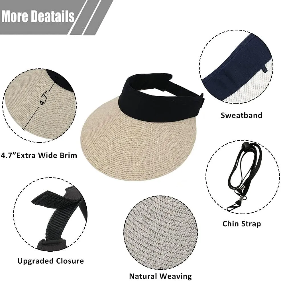 Women Straw Sun Visor Hat Wide Brim Summer UV Protection Beach Cap Foldable Packale Korean Style