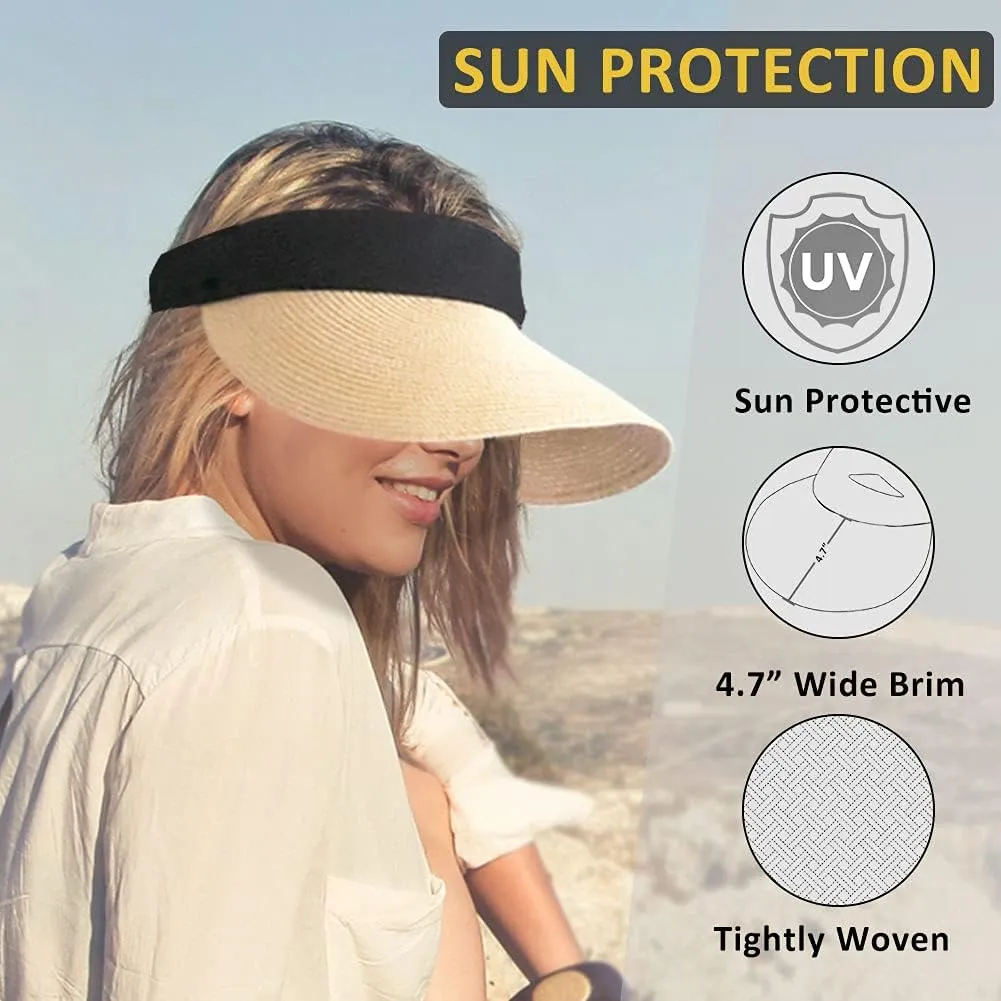 Women Straw Sun Visor Hat Wide Brim Summer UV Protection Beach Cap Foldable Packale Korean Style