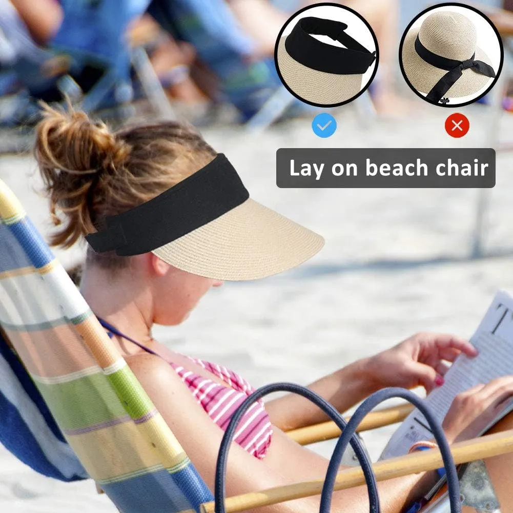Women Straw Sun Visor Hat Wide Brim Summer UV Protection Beach Cap Foldable Packale Korean Style