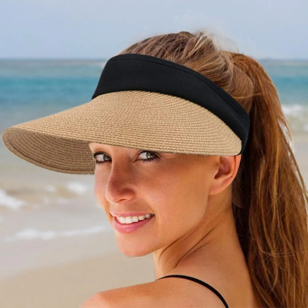 Women Straw Sun Visor Hat Wide Brim Summer UV Protection Beach Cap Foldable Packale Korean Style