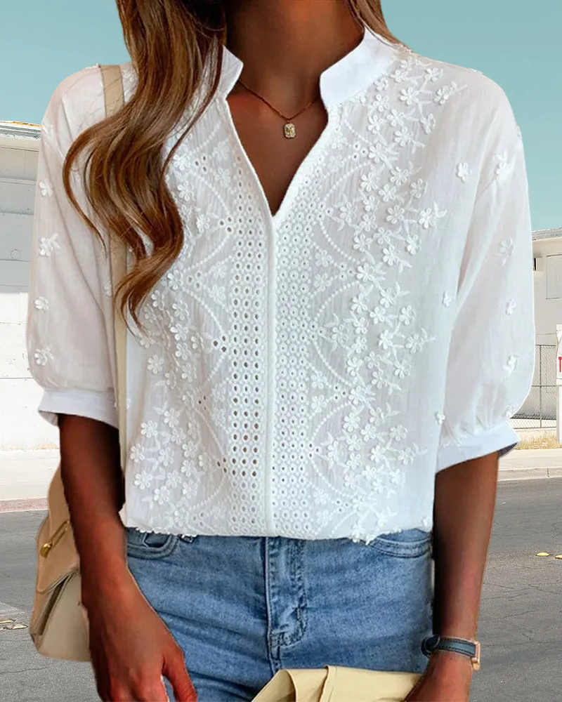 Women’s Embroidered Long Sleeve Cotton Blouse – Vintage-Inspired Floral Top with Stand Collar and Eyelet Detailing