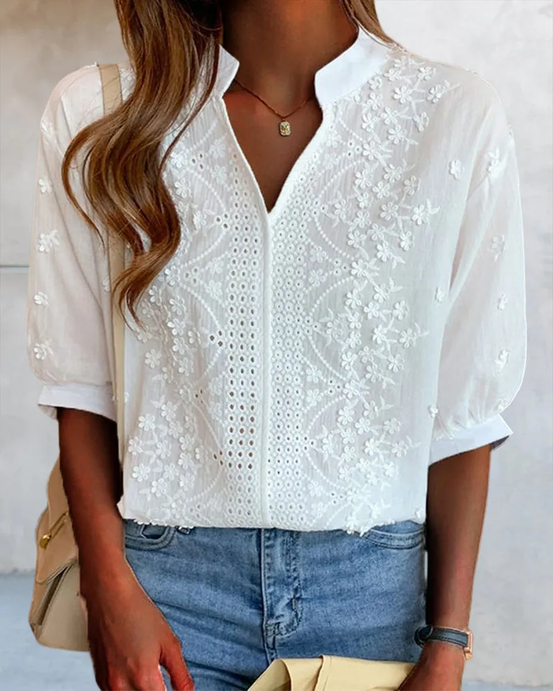 Women’s Embroidered Long Sleeve Cotton Blouse – Vintage-Inspired Floral Top with Stand Collar and Eyelet Detailing