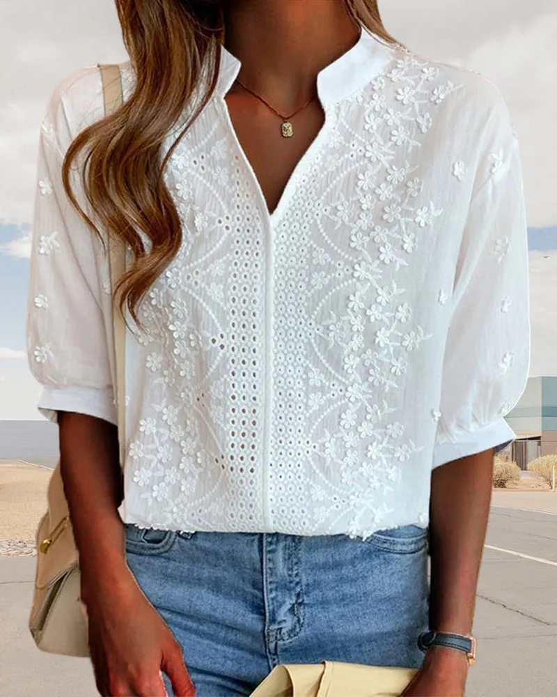 Women’s Embroidered Long Sleeve Cotton Blouse – Vintage-Inspired Floral Top with Stand Collar and Eyelet Detailing