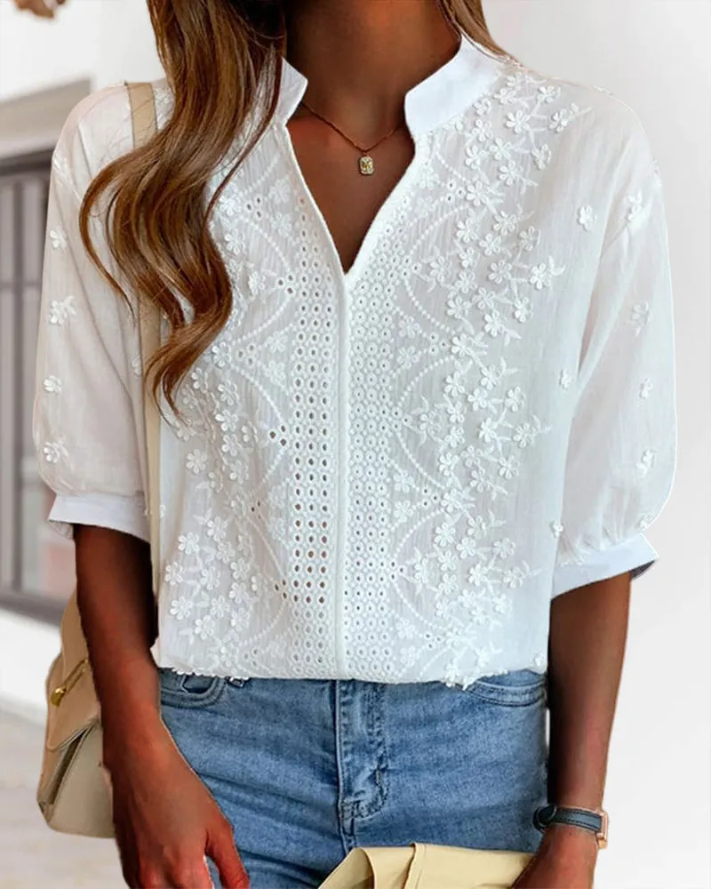 Women’s Embroidered Long Sleeve Cotton Blouse – Vintage-Inspired Floral Top with Stand Collar and Eyelet Detailing
