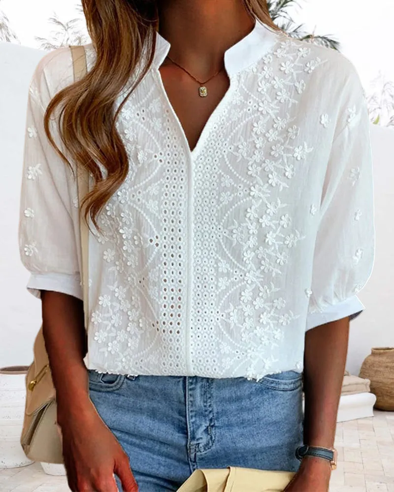 Women’s Embroidered Long Sleeve Cotton Blouse – Vintage-Inspired Floral Top with Stand Collar and Eyelet Detailing