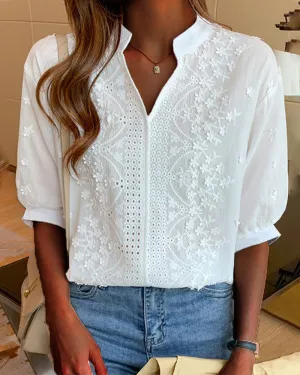 Women’s Embroidered Long Sleeve Cotton Blouse – Vintage-Inspired Floral Top with Stand Collar and Eyelet Detailing