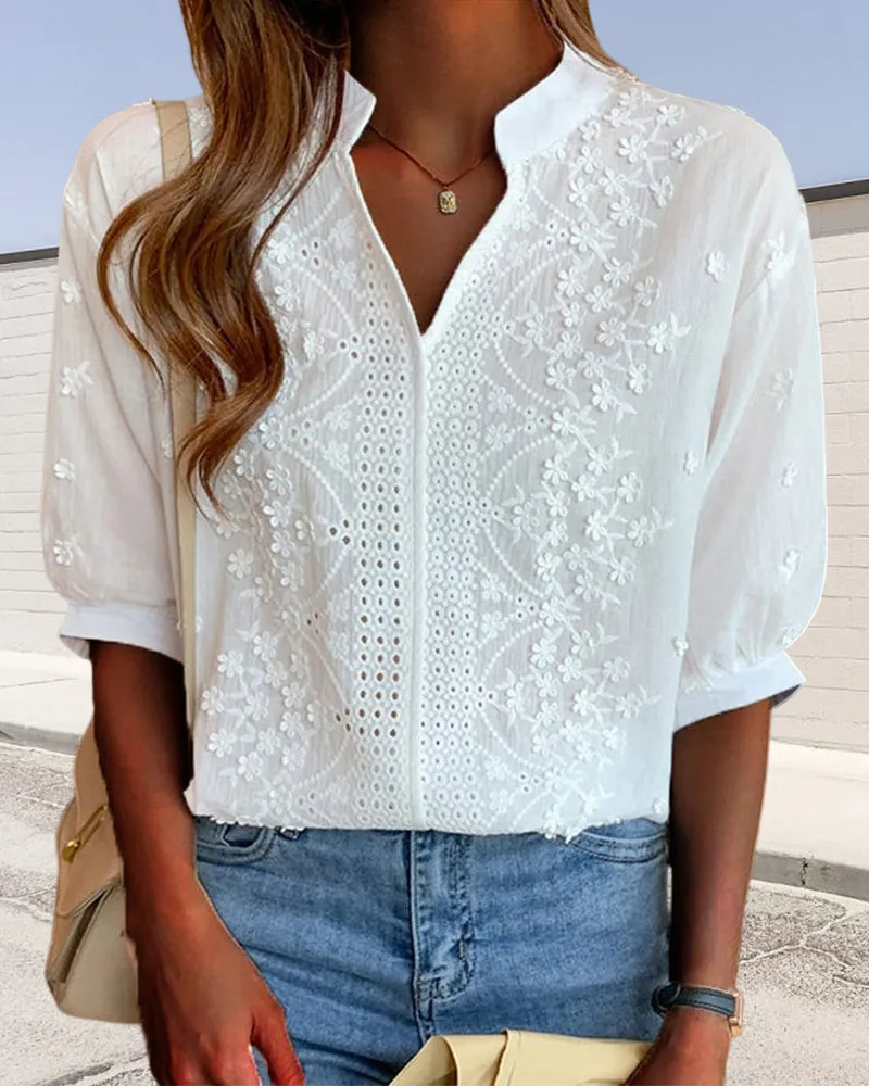 Women’s Embroidered Long Sleeve Cotton Blouse – Vintage-Inspired Floral Top with Stand Collar and Eyelet Detailing