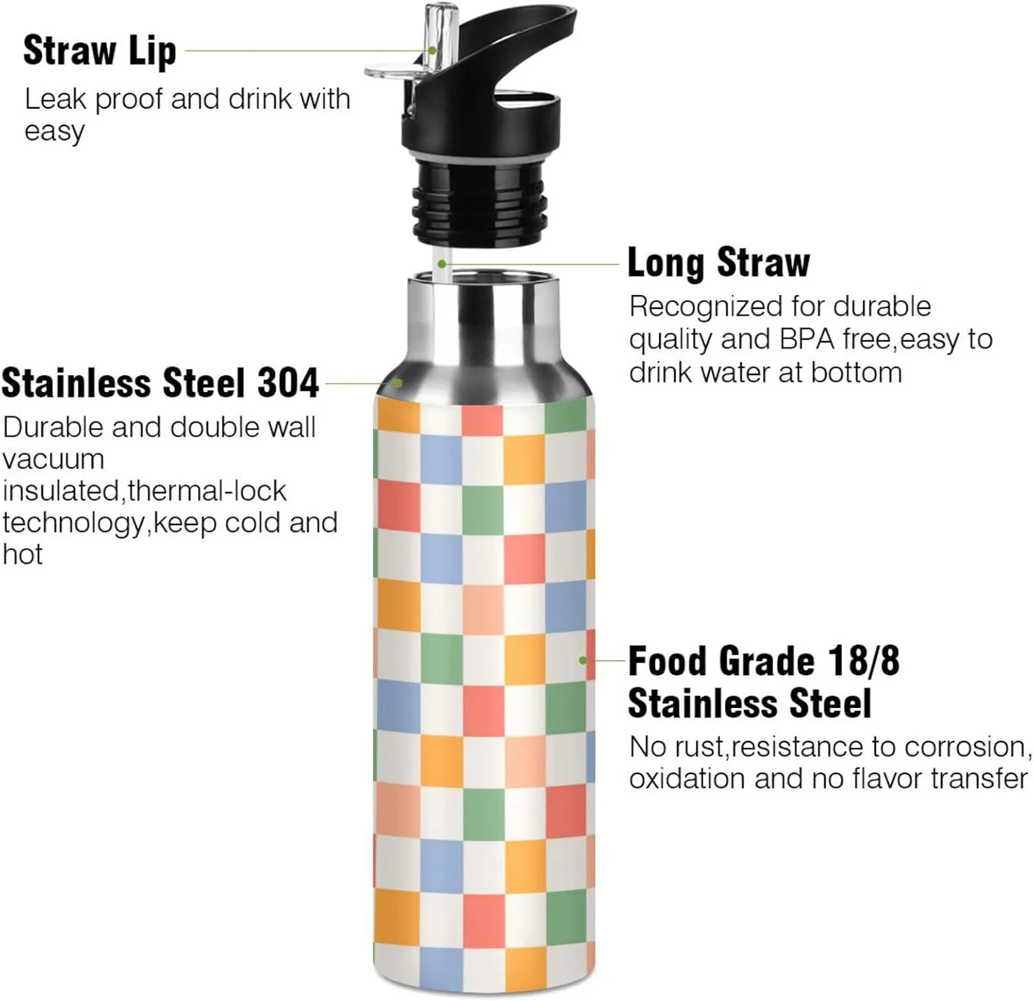 Wusikd Retro Checkered Water Bottle with Straw Lid Double Wall Colorful Thermos Bottle Vacuum Insulated Flask Stainless Steel Water Bottle for Gym Outdoor 20 OZ