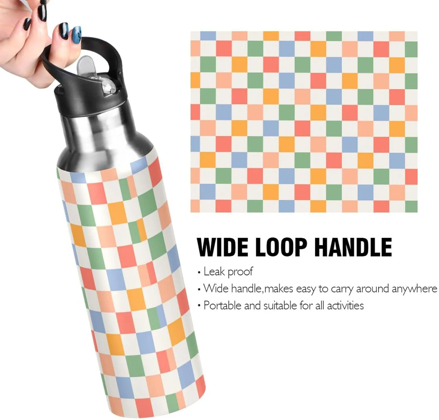 Wusikd Retro Checkered Water Bottle with Straw Lid Double Wall Colorful Thermos Bottle Vacuum Insulated Flask Stainless Steel Water Bottle for Gym Outdoor 20 OZ