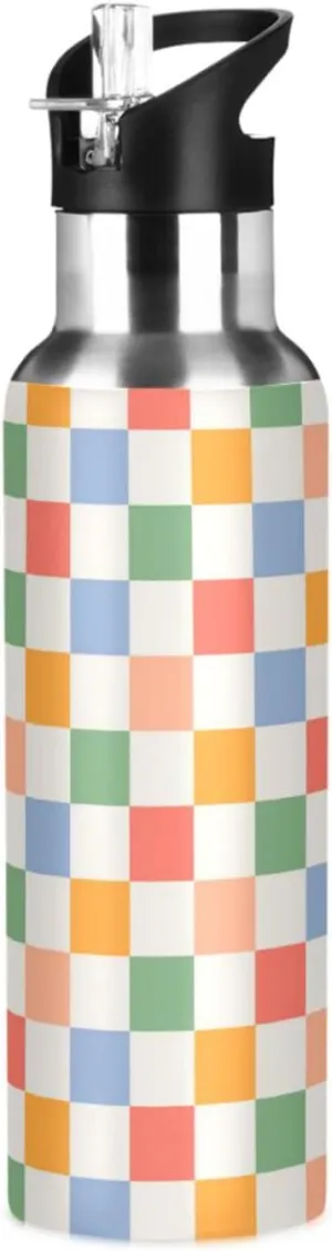 Wusikd Retro Checkered Water Bottle with Straw Lid Double Wall Colorful Thermos Bottle Vacuum Insulated Flask Stainless Steel Water Bottle for Gym Outdoor 20 OZ