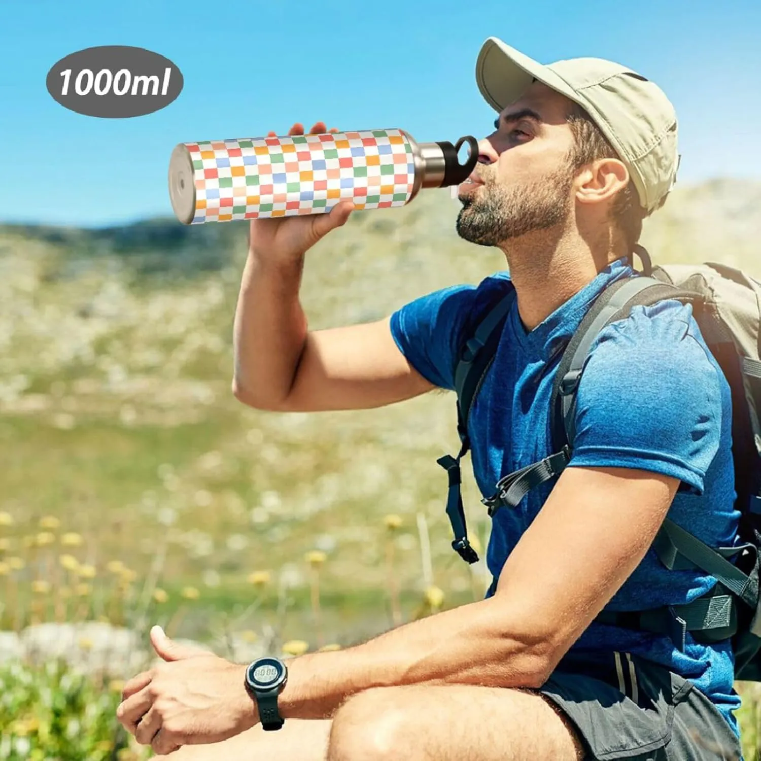 Wusikd Retro Checkered Water Bottle with Straw Lid Double Wall Colorful Thermos Bottle Vacuum Insulated Flask Stainless Steel Water Bottle for Gym Outdoor 20 OZ