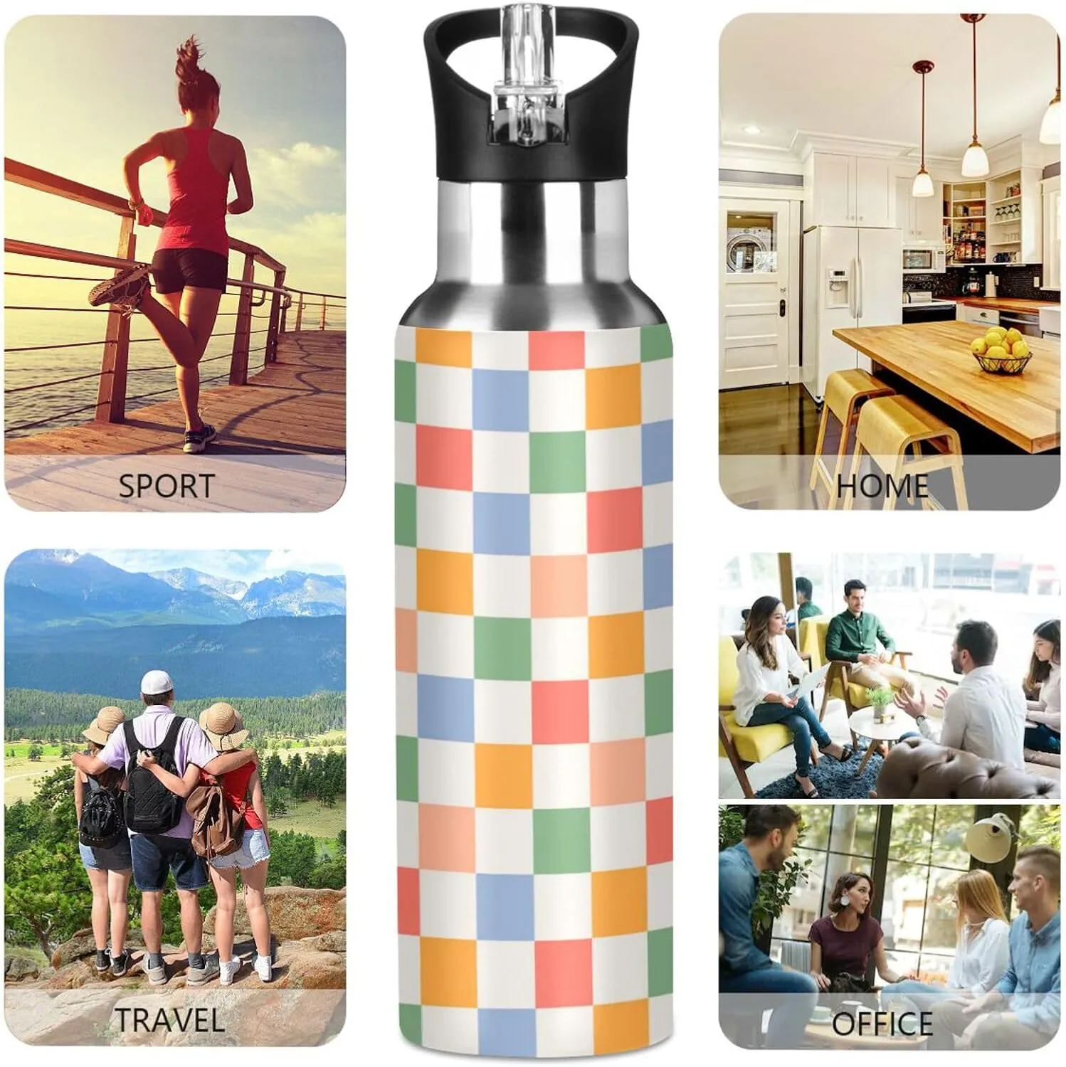 Wusikd Retro Checkered Water Bottle with Straw Lid Double Wall Colorful Thermos Bottle Vacuum Insulated Flask Stainless Steel Water Bottle for Gym Outdoor 20 OZ