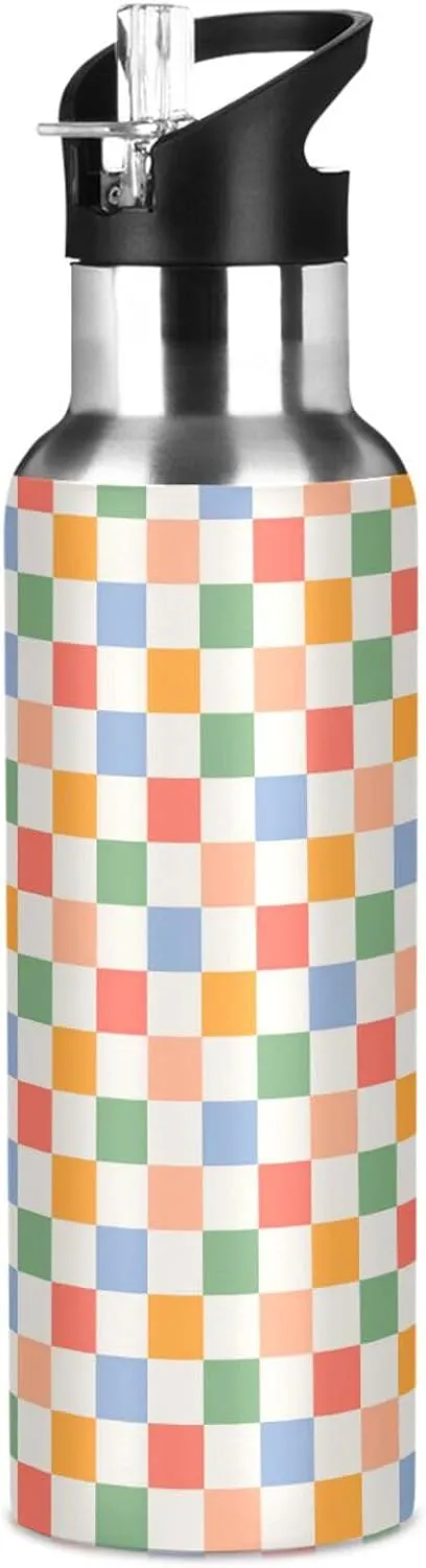 Wusikd Retro Checkered Water Bottle with Straw Lid Double Wall Colorful Thermos Bottle Vacuum Insulated Flask Stainless Steel Water Bottle for Gym Outdoor 20 OZ