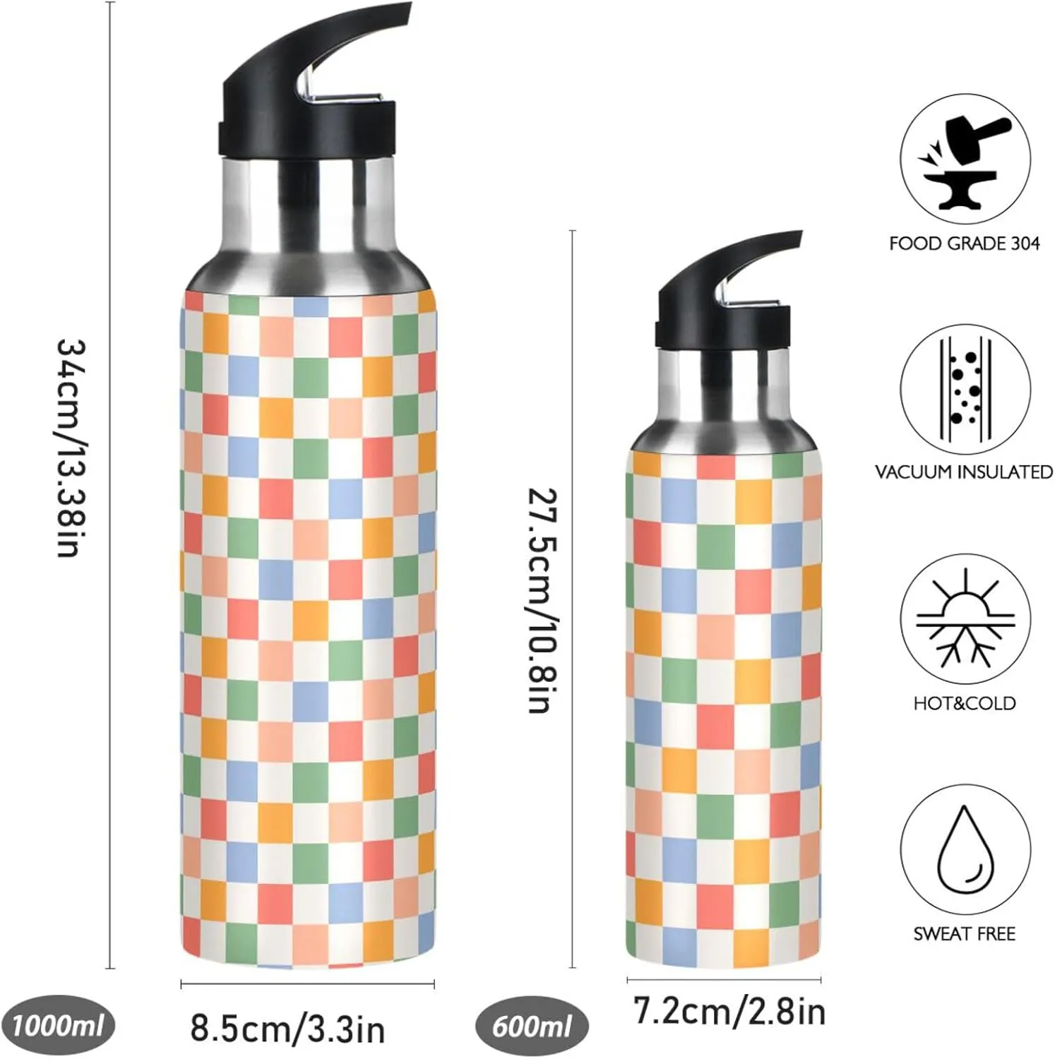 Wusikd Retro Checkered Water Bottle with Straw Lid Double Wall Colorful Thermos Bottle Vacuum Insulated Flask Stainless Steel Water Bottle for Gym Outdoor 20 OZ