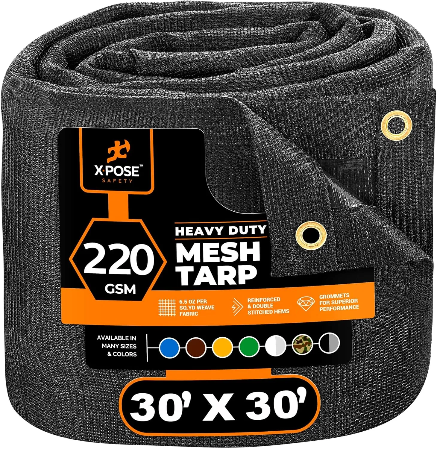 Xpose Safety Heavy Duty Mesh Tarp – 30' x 30' Multipurpose Black Protective Cover with Air Flow - Use for Tie Downs, Shade, Fences, Canopies, Dump Trucks – Weather and Tear Resistant