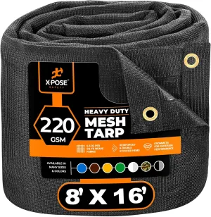 Xpose Safety Heavy Duty Mesh Tarp – 8’ x 16’ Multipurpose Black Protective Cover with Air Flow - Use for Tie Downs, Shade, Fences, Canopies, Dump Trucks – Weather and Tear Resistant