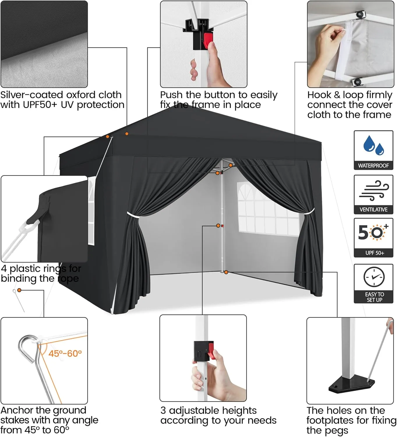 Yaheetech 10x10 Pop Up Canopy with 4 Removable Sidewalls, Portable Enclosed Instant Tent, Waterproof Outdoor Tent, Beach Sun Shelter with 4 Sandbags, 12 Stakes & 4 Ropes, Black