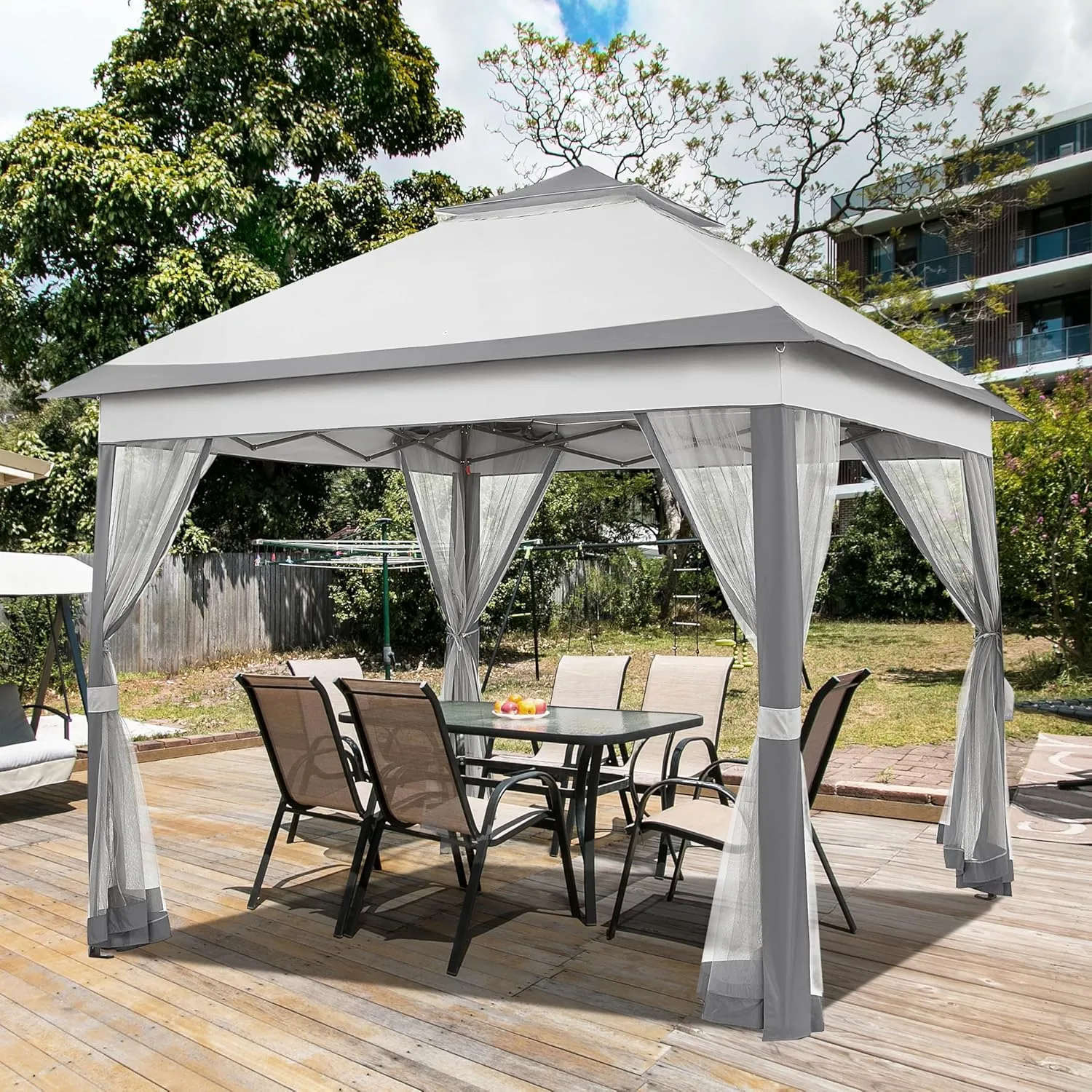 Yaheetech 11x11 Pop Up Gazebo Outdoor Canopy Shelter, Instant Patio Gazebo Sun Shade Canopy Tent with 4 Sandbags, 2 Tiers Roof & Mesh Netting for Lawn, Garden, Backyard & Deck, Gray