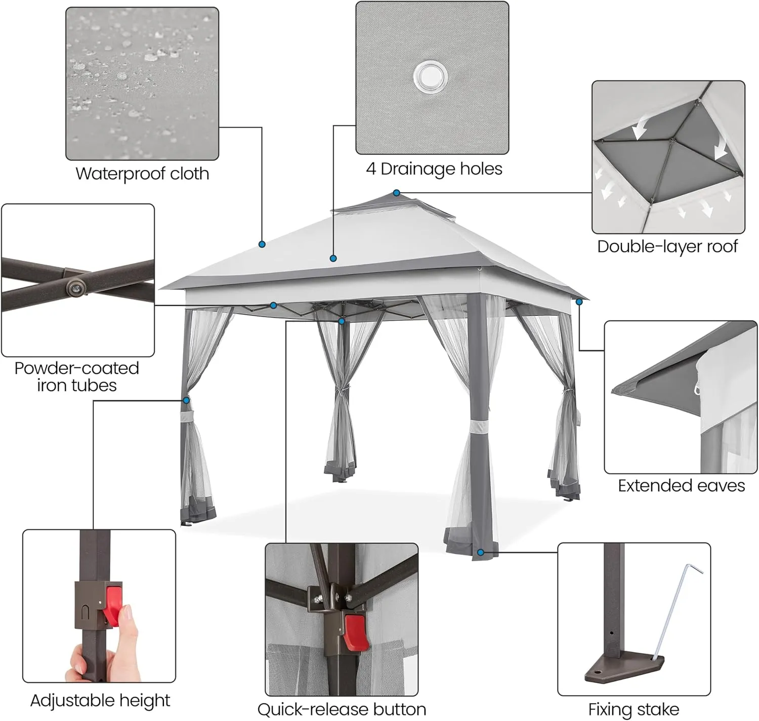 Yaheetech 11x11 Pop Up Gazebo Outdoor Canopy Shelter, Instant Patio Gazebo Sun Shade Canopy Tent with 4 Sandbags, 2 Tiers Roof & Mesh Netting for Lawn, Garden, Backyard & Deck, Gray