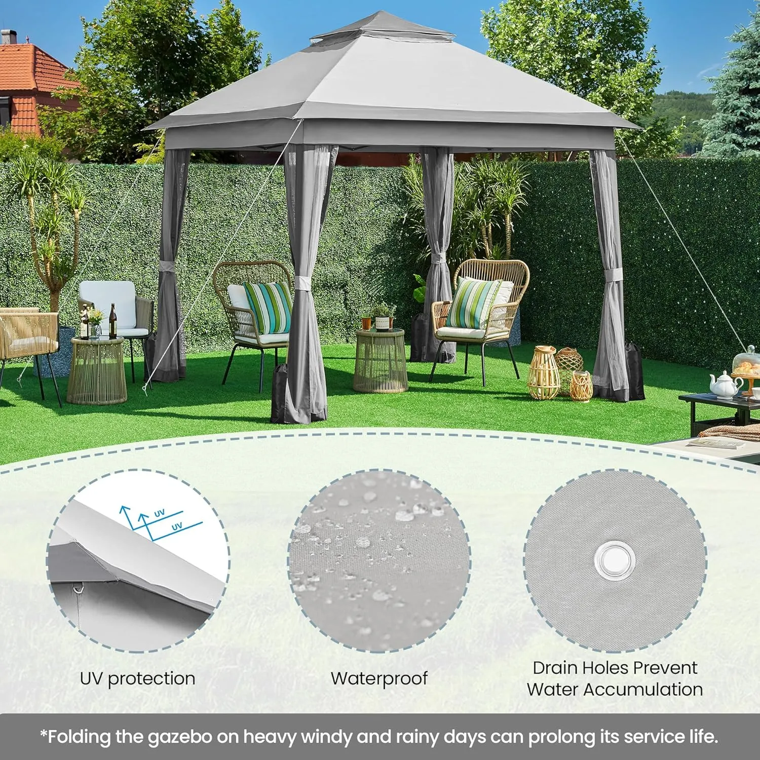 Yaheetech 11x11 Pop Up Gazebo Outdoor Canopy Shelter, Instant Patio Gazebo Sun Shade Canopy Tent with 4 Sandbags, 2 Tiers Roof & Mesh Netting for Lawn, Garden, Backyard & Deck, Gray