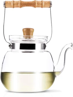 Yama Chinese Water Kettle 40 Oz, Borosilicate Glass Teapot with Bamboo Handle and Stainless Steel Heating Grid - Yama Glass, Hand Crafted in Taiwan