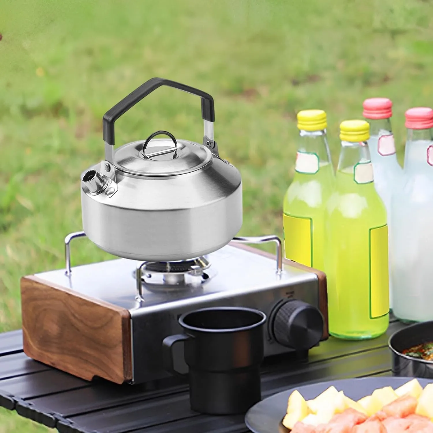 YIJU Camping Kettle, Water Kettle with Lid,Drinkware Compact,Portable Tea Pot,Water Pot for Boiling Water over Fire,Outdoor, Silver 1L
