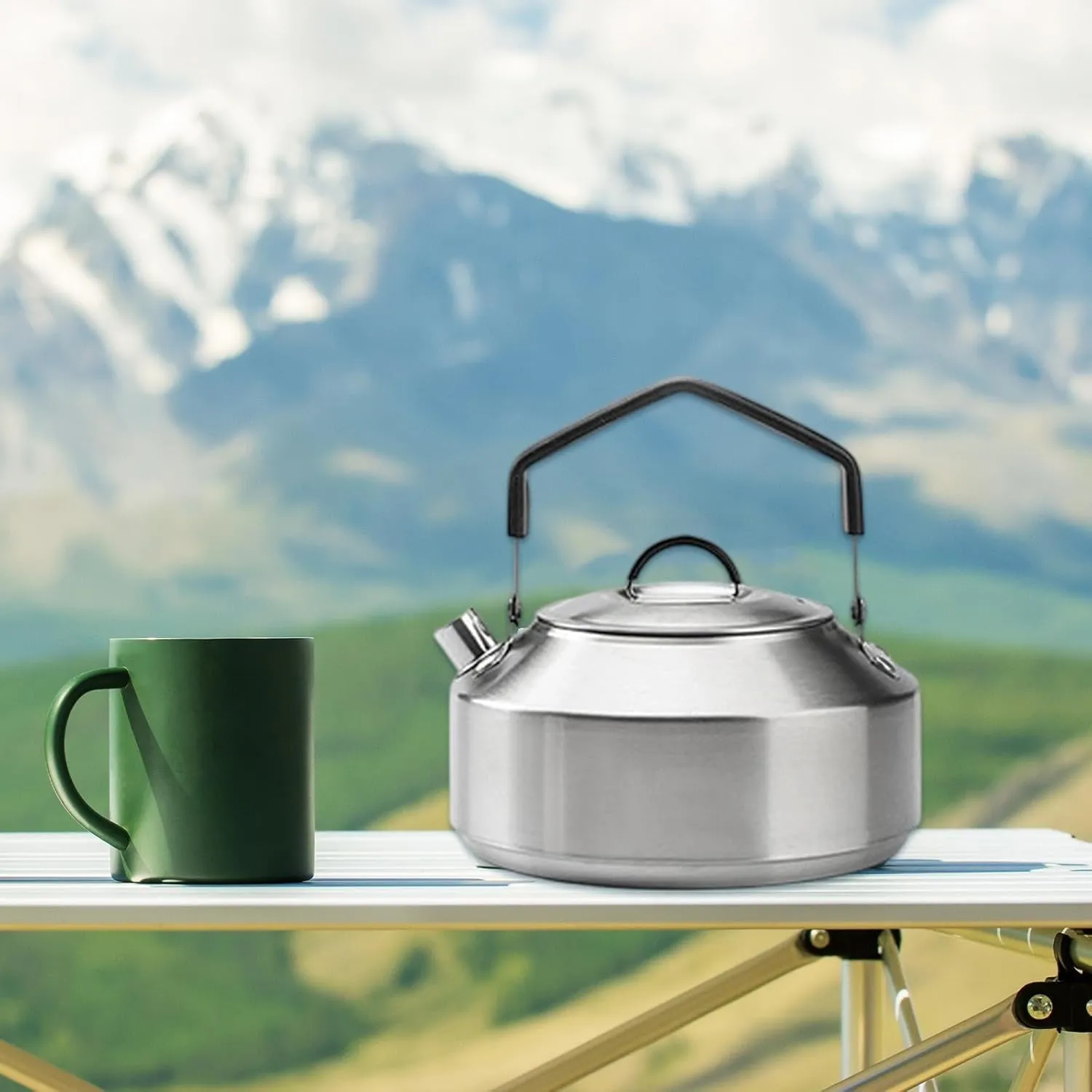 YIJU Camping Kettle, Water Kettle with Lid,Drinkware Compact,Portable Tea Pot,Water Pot for Boiling Water over Fire,Outdoor, Silver 1L